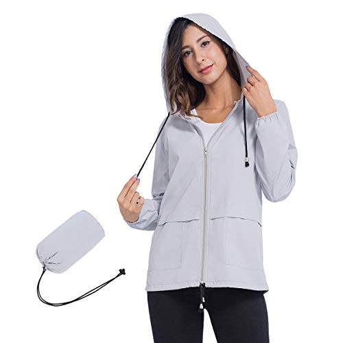 JTANIB Rain Jackets for Women, Lightweight Zip Up Hiking Travel Cycling Hooded Waterproof Raincoat M Grey