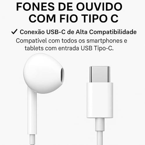 Fones De Ouvido Com Fio Tipo C Microfone Integrado Compativel iPhone 15 15 Pro 15 Pro Max 16 16 Pro Max Com Fio Fones Estéreo Compatíveis ANDROID LG Qualidade Premium