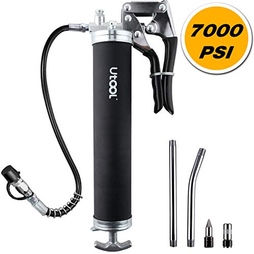 UTOOL Grease Gun, 7000 PSI Heavy Duty Pistol Grip Grease Gun Set with 14 oz Load, 18 Inch Spring Flex Hose, 2 Working Coupler, 2 Extension Rigid Pipe and 1 Sharp Type Nozzle Included Black