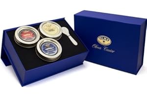 OLMA Gold Collection Black Caviar Gift Box - Includes 10.5 oz of Beluga Sturgeon, White Sturgeon, Osetra Caviar & Mother of Pearl Serving Spoon - Overnight Delivery