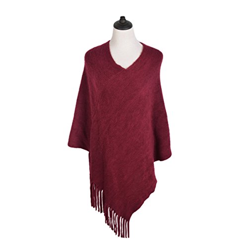TrendsBlue Premium Solid Color Soft Knit Fringe Winter Poncho Shawl Wrap Cape, Burgundy - Thumbnail 2