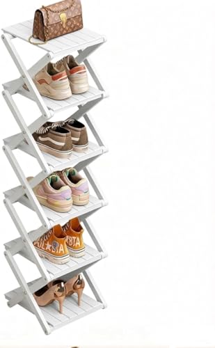 Bamboo Shoe Rack, No Assembly Required, Foldable Tall Narrow Shoe Organizer, Multifunctional Space Saving Shoe Rack for Entryways, Corners, Bedrooms, Balconies, 6 Layers Brown