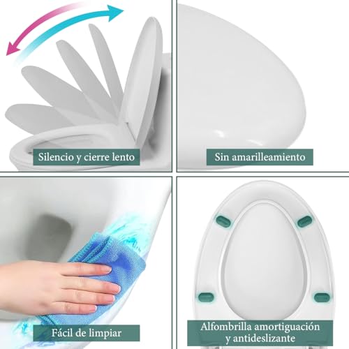 Asiento Elongado para WC Asiento para Inodoro de Cierre Lento y Silencioso Tapa para Retrete Económico Toilet Seat Residencial Tapa de Baño WC Universal Taza de Inodoro Alargado para Sanitario 46*36cm