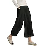 Ecupper Women's Elastic Waist Causal Loose Trousers Plus 100 Linen Cropped Wide Leg Pants, Black, US 12=Tag XL