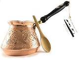 The Silk Road Trade - ACI Series (Large) - Thickest Solid Hammered and Engraved Copper Turkish Greek Arabic Coffee Pot / Coffee Maker Cezve Ibrik Briki with Wooden Handle (18 fl oz)
