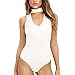 May&Maya Women's Mock Neck Plunging V-neckline Bodysuit (S, White3)