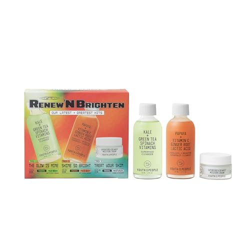 Youth To The People Renew N' Brighten Skincare Giftset - Travel Mini 3-Pc Set, Superfood Antioxidant Balancing Face Cleanser, Superfruit Gentle Exfoliating Facial Wash, Air Whip Hydrating Moisturizer