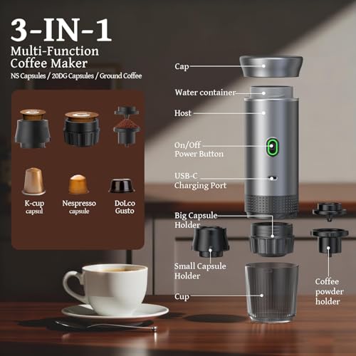 YQZenith Portable Coffee Maker Espresso Machine, Travel Espresso Maker, Coffee Maker Portable with Small Tea Cup, Compatible with Ground Coffee & Coffee Capsules for RV, Car, Hiking, Camping and Offic