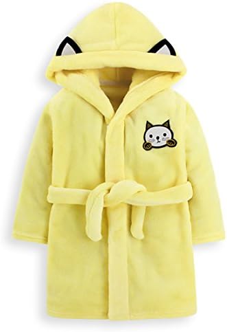 Fankeshi Kids Hooded Robe Soft Fleece Bathrobe Children Pajamas Baby Plush Robe (Yellow Cat, 110cm/4T)