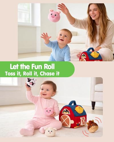 hahaland Montessori Baby Toys 6-12 Months - Surprise Barn with Stuffed Farm Animals Toys for Babies with Rattle & Mirror, Sensory Toys for Babies Boy Girl, Travel Toys for Toddlers 1-3