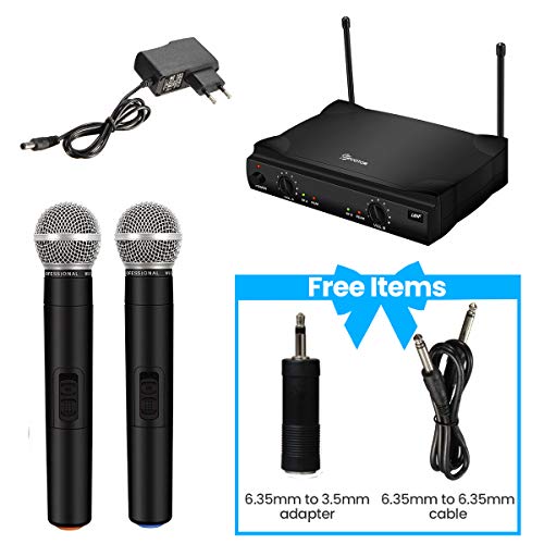 UHF Wireless Microphone System, EIVOTOR Dual Channel Handheld Wireless Microphone with Professional Karaoke Receiver and 2 Handheld Dynamic Mics Set, for Home Party, KTV, Meeting, Wedding, Church