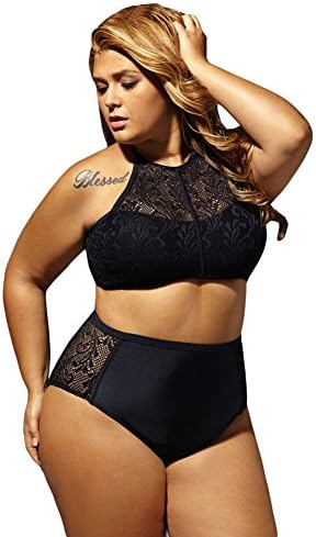 Zeffimore Women's Plus Size Mesh Hig-neck High Waist Bikini Sets Swimsuit Swimwear (Large, Black)
