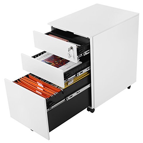 SONGMICS Steel File Cabinet 3 Drawer with Lock Mobile Pedestal Under Desk Fully Assembled Except Casters White UOFC60WT