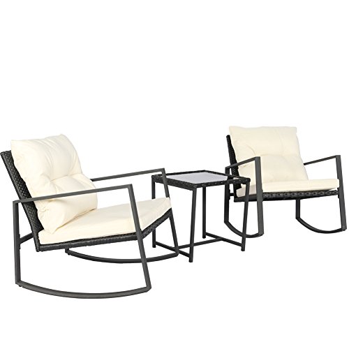 Kosycosy Outdoor 3 Pieces Patio Rocking Set Bistro Set Black Wicker Furniture – Two Rattan ...