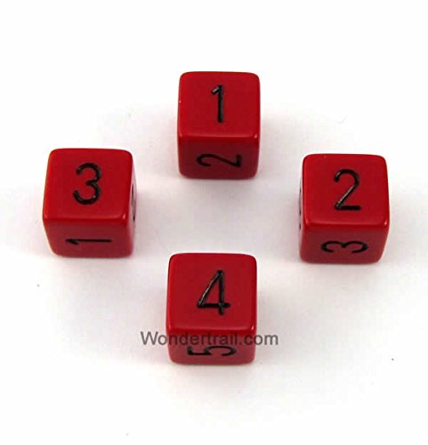 WCXPQ0614E4 Red Opaque Dice with Black Numbers D6 Aprox 16mm (5/8in) Pack of 4 Dice Chessex