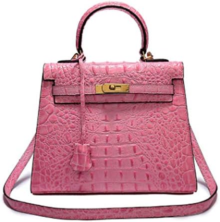 New Kelly Bag 3D Crocodile Pattern Embossed Genuine Leather Handbags Fashion Shoulder Bag Diagonal Bag Evening Package Mummy Bag (Pink, 25 * 20 * 10cm)