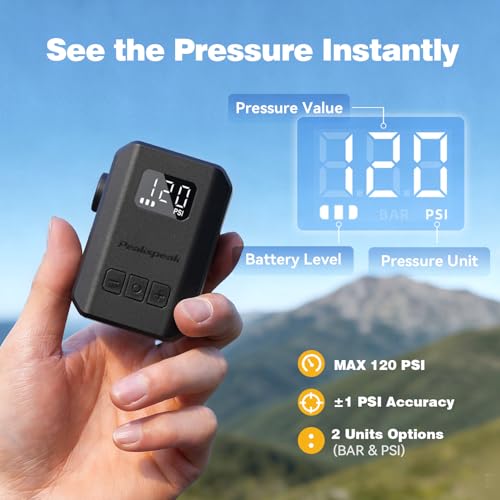 Peakspeak Mini Electric Bike Pump AS260PRO, 120PSI Portable Bicycle Pump with Gauge & Auto Stop, USB-C Rechargeable, Precision Inflation for Presta/Schrader Valves, Road Bike, MTB & Motorcycle
