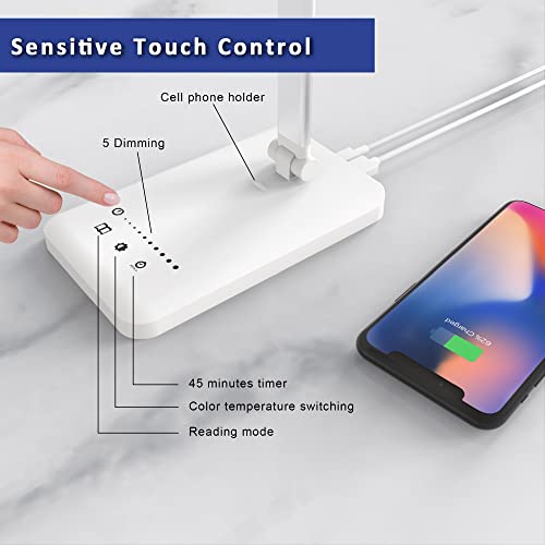 Aogled Lampe de Bureau LED,Lampe Bureau Enfant Dimmable 5 Niveaux de Luminosité 5 Modes de Couleur,Lampe de Chevet Rechargeable Avec Contrôle Tactile et Port USB/Fonction Minuterie Pliable/Rotative
