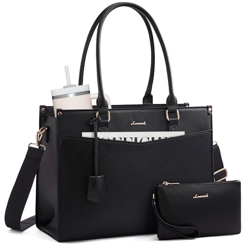 LOVEVOOK Laptop Handbags for Women, PU Leather Work Tote Bags | Clutch & Detachable Shoulder Strap, Padded Laptop Compartment, Waterproof, Large Tote for Shopper, Office, School, Travel