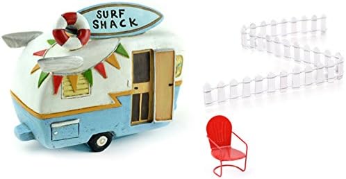 Assembled by PaBu GuLi Fairy Garden-Surf Shack Camp Trailer with Retro Red Chair and White Picket Fencing