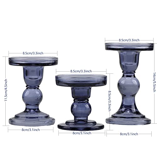 Blue Glass Candle Holder Set, QENUIITEA Set of 3 Clear Candlesticks Holders Pillar Taper Candles Tea Light Stand for Centerpieces Church Wedding Party Home Decor Dining Table