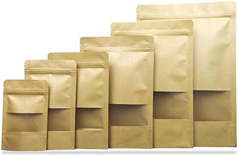 100X Stand Up Ziplock Kraft Paper Bags Heat Seal Food Storage Bag With Matte Window Plastic Tee Coffee Bath Salt Packaging Pouch Resealable Smell Proof Brown (12x20cm (4.7x7.8")/6.3 Mil)