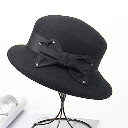 Maitose Women's Bow Flowers Wool Felt Bowler Hat Black