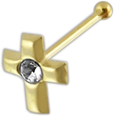 9K Solid Yellow Gold Clear Crystal Stone Cross 22 Gauge Nose Bone Nose Stud Piercing Jewellery