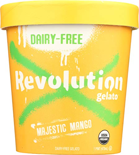 Revolution Gelato 6 Pack Pints: Sampler - 1 chocolate, 1 vanilla, 1 mango, 1 orange, 1 coffee, 1 cardamom; DAIRY-FREE · CERTIFIED ORGANIC · MADE FROM PLANTS · GLUTEN FREE · KOSHER · VEGAN · NO GMOS