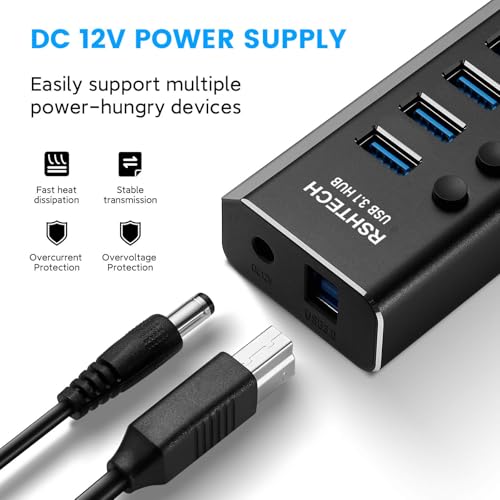 RSHTECH 2.RSH-A13 USB 3.0 Hub 13 Ports, Aluminium Multiport Hub with 12V/6A Power, Over Current and Overvoltage Protection, Independent Switch and Data Cable 10 Gbps