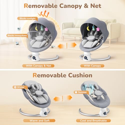 Hamaca Eléctrica para Bebé con Mando a Distancia y App,Mecedora con 5 Velocidades de Balanceo,3 Temporizadores,Arnés de 5 Puntos,2 Posiciones del Asiento,Silla Mecedora para 0-9 kg de Bebé-Gris