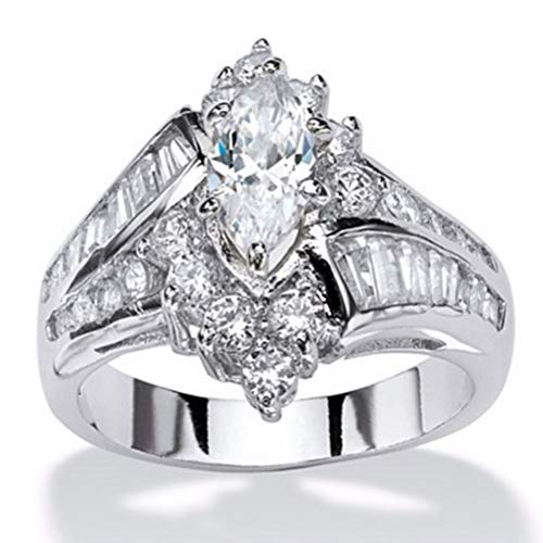 HOTSKULL 925 Sterling Silver Ring Two Tone 18K Gold Marquise Cut Diamond Jewelry Cocktail Party Wedding Band Rings (White, 7)