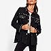 Hiuwa Womens Denim Jacket Studded Frayed Hem Coats Black Lapel Single Breasted