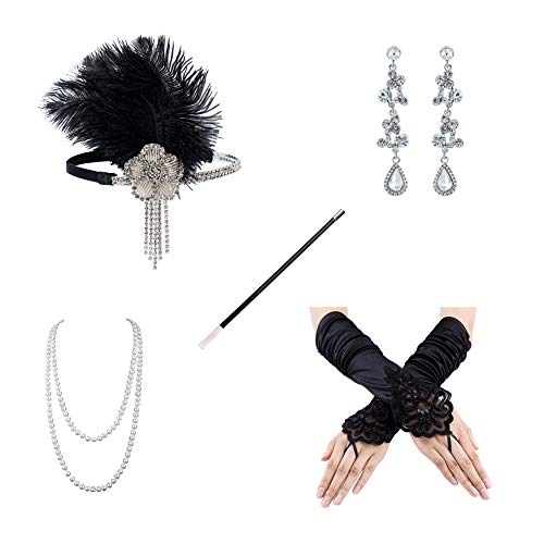 Xuhan 1920s Flapper Costume Accessories Set for Women Headband Earrings Necklace Gloves Cigarette Holder (a01)