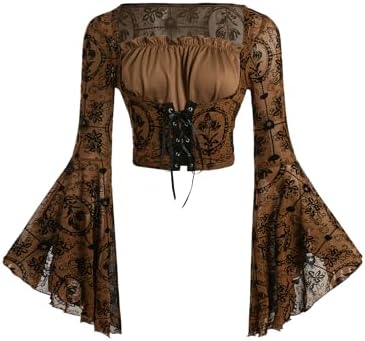 SOLY HUX Women's Goth Y2k Lace Trim Cold Shoulder Bell Long Sleeve