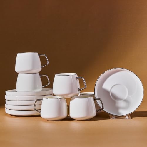 KARACA Saturn Platin Turkish Coffee Cup Set for 6 People - 12 Piece White Cups with Saucers - Small Porcelain Modern Set - Ideal for Serving Greek, Arabic Coffee & Espresso (100ml)