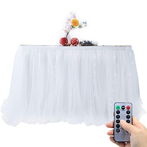 OakHaomie 10ft Table Skirt Tulle Tutu Table Cloth with 15pcs String Lights for Rectangle or Round Table for Party,Wedding,Birthday Party&Home Decoration,Table Skirting (White, 10ftX2.63ft)