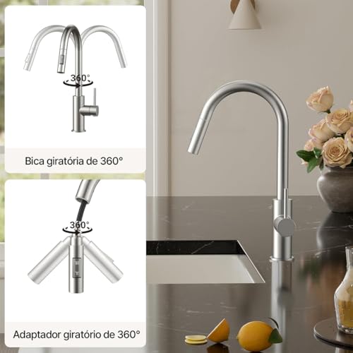 Torneira de Cozinha com Pulverizador Retrátil, Torneira de Pia de Cozinha de Alavanca Única em Níquel Escovado com Arco Alto, Aço inoxidável, Rotação de 360°, Torneiras para Pias de Cozinha