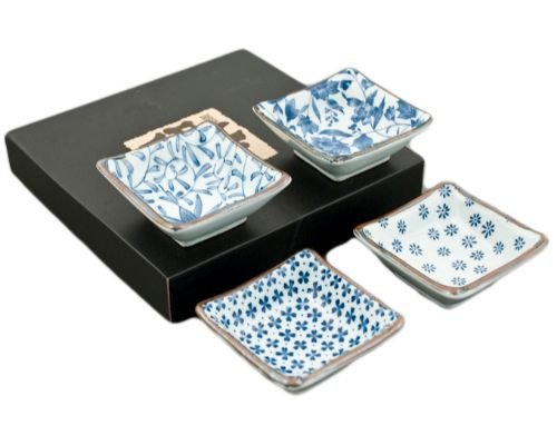 Authentic Japanese Porcelain Square Shape Condiment or Sauce Dish for Appetizer Dessert Salad Snack Candy Fruit Multi Purpose Platter Dishes 3.5 Inch Square Assorted Designs 4 Piece Pack Made in Japan