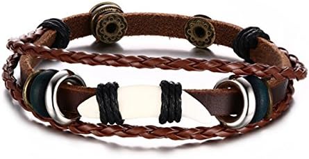 GEENO Hand-knitted Leather Bracelet Wolf Teeth Adorned Men`s Charm Bangle(Brown,22cm+1.5cm)