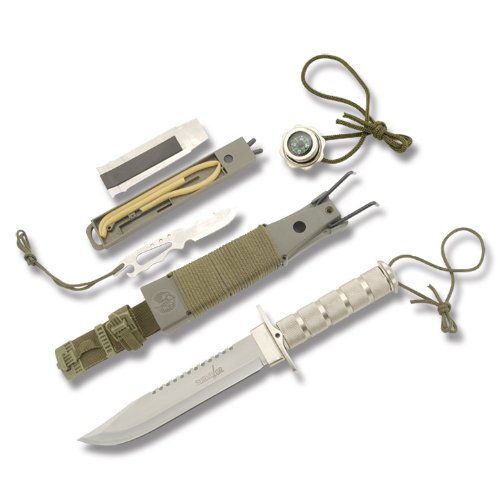 Survivor HK-56141S Fixed Blade Survival Knife, Silver Sawback Blade, Silver Handle, 14-1/4-Inch Overall
