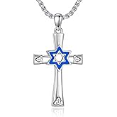 LES OSEWA Celtic Cross Necklace 925 Sterling Silver Jewish Cross Pendant Star of David Necklace Clover Viking Irish Jewelry Religious Protective Gift for Men Women
