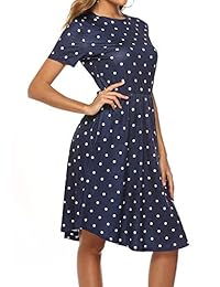 Vestido de verano para dama, manga corta, con lunares, con bolsillos