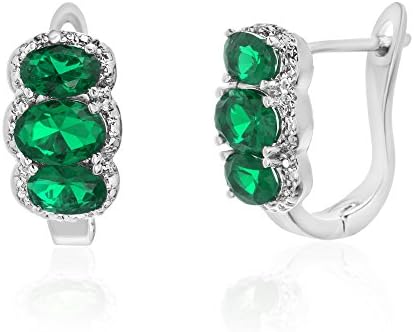 Lesa Michele Lab Created Emerald and Diamond Accent Oval Shaped Omega Earring in Rhodium over Brass