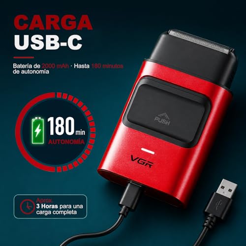 VGR 307 Afeitadora de Lámina Inalámbrica para Hombre, Red de Cuchillas de Titanio de Doble Capa, Afeitadora Eléctrica con Motor de Alto Rendimiento 9000 Rpm, Indicador de Carga y Carga USB, Rojo