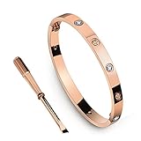 MultiBey 18K Rose Gold Plated Bangle Bracelet, Stainless Steel with Crystal, Screwdriver Opening Love Bracelets for Women and Men (Big/ 7.5