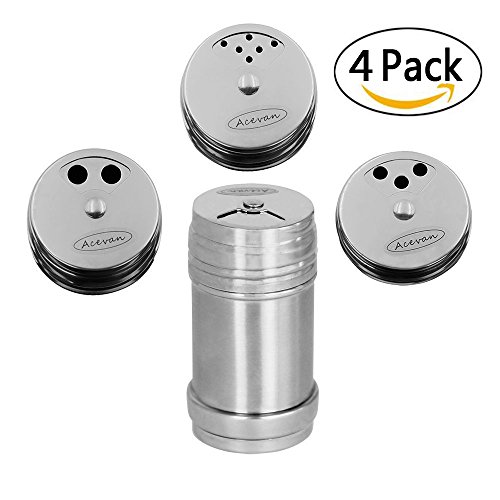 Acevan Stainless Steel Dredge Salt / Sugar / Spice / Pepper Shaker Seasoning Cans with Rotating Cover (4PCS)