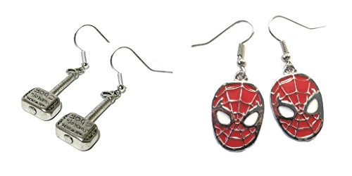Thor Hammer With Writing and Spiderman Mask Dangle Earrings w/Gift Box