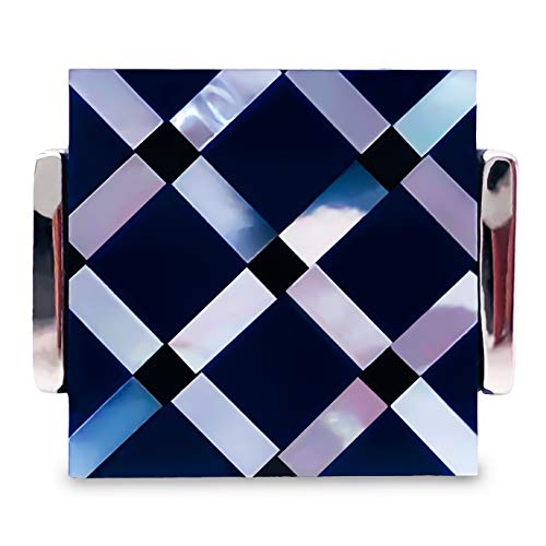 VIILOCK Mother Pearl & Onyx Stripe Tuxedo Cufflinks in a Gift Bag Wedding Cuff Links (Blue)