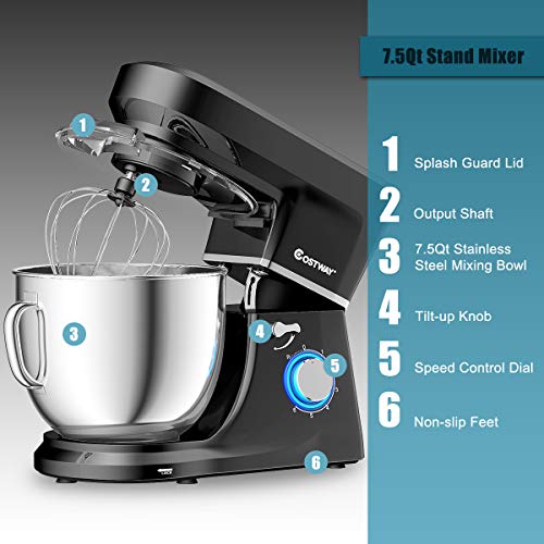 COSTWAY Stand Mixer, 660W Electric Kitchen Food Mixer with 6-Speed Control, 6.3-Quart Stainless Steel Bowl, Dough Hook, Beater, Whisk (Silver-update) Costway Electric Food Stand Mixer 6 Speed 6.3Qt 660W Tilt-Head Stainle